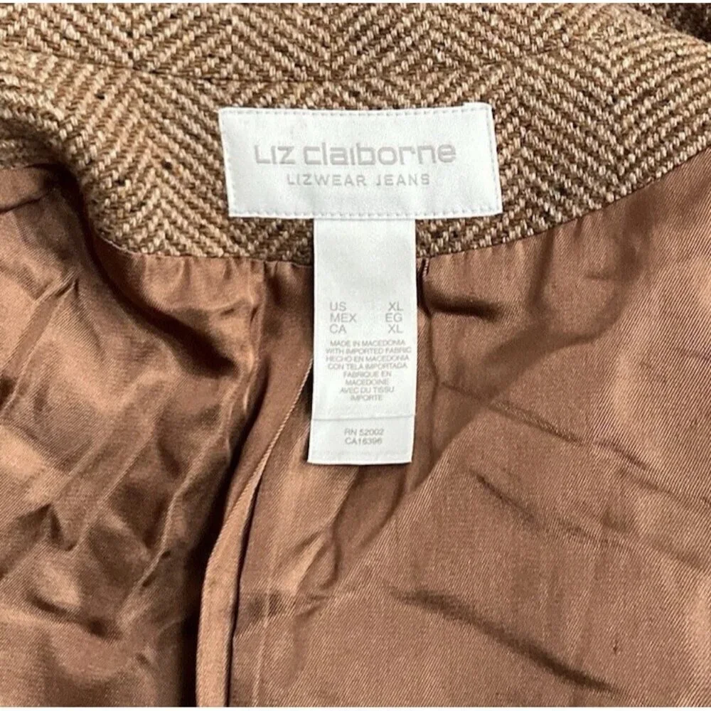 Liz Claiborne Vintage Women’s 14 Tan Charcoal Wool Bl Chunky Tweed Blazer Jacket